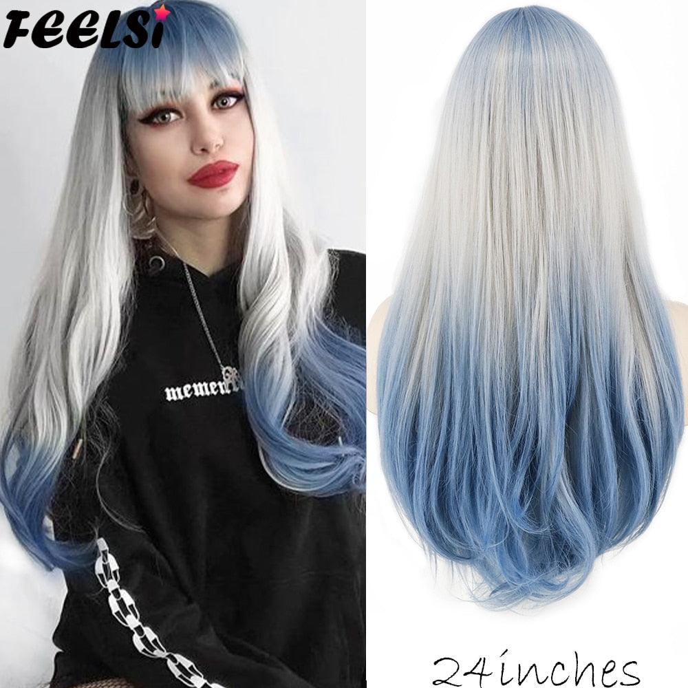 FEELSI Synthetic Pure Long Water Wave Halloween Wig