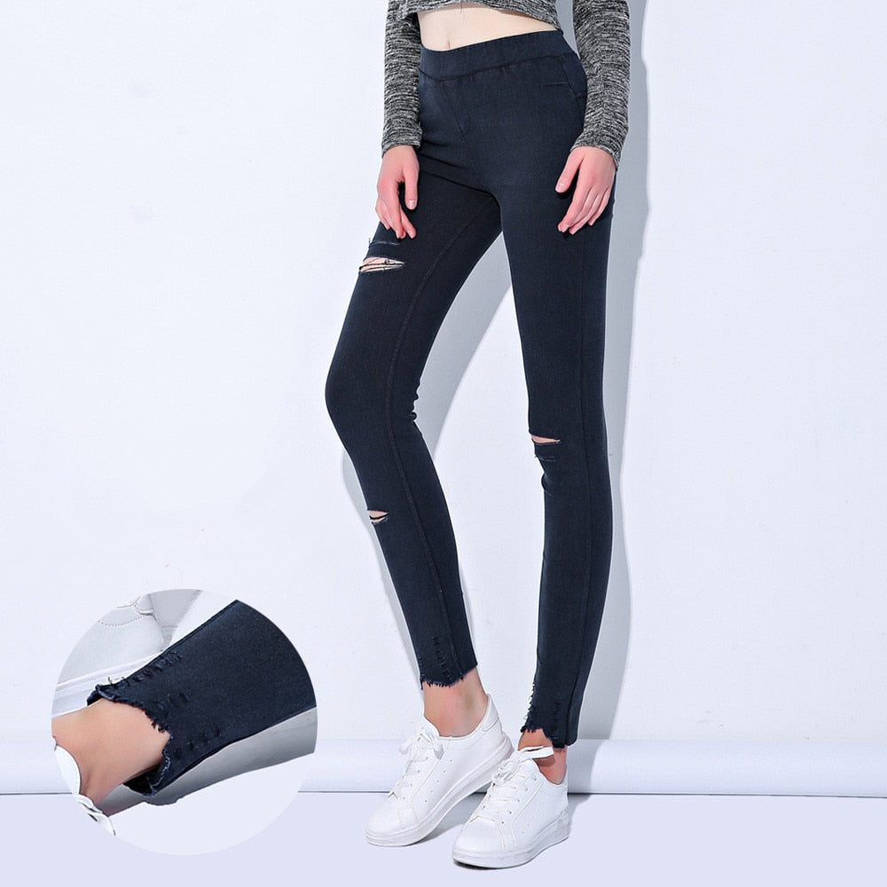 High Waist Skinny Ripped Denim Jeggings