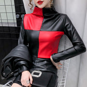 Long Sleeve Turtleneck Soft Leather Blouse