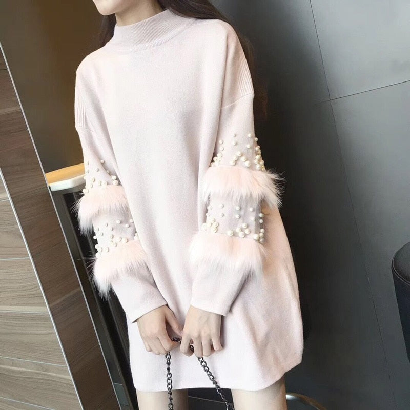 Beaded Fur Sleeve Sweater Dress