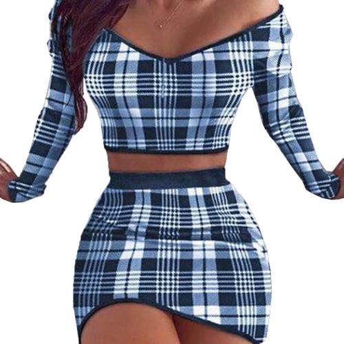 2pc Set Plaid Long Sleeve Off Shoulder Blouse and Skirt