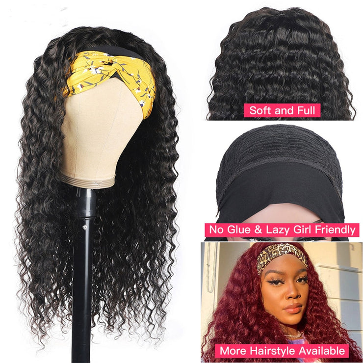 Headband No Glue Deep Wave Human Hair Wigs