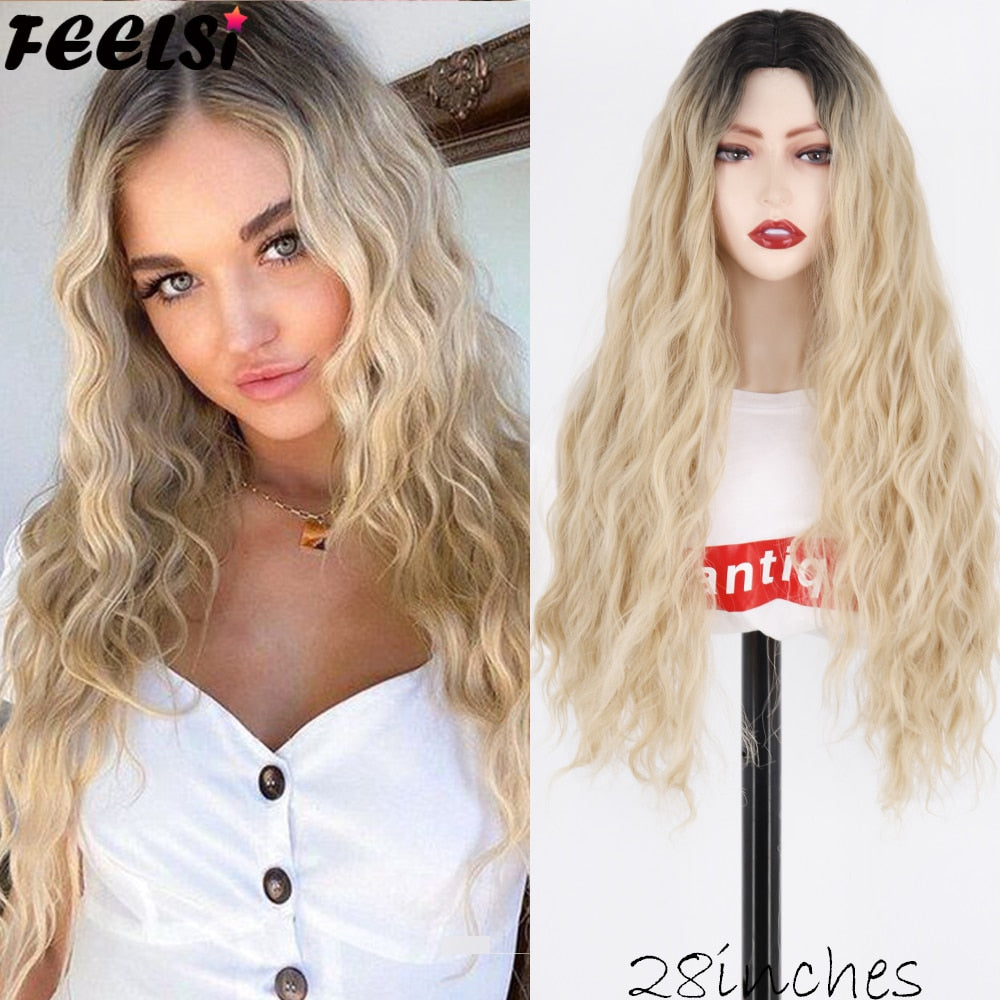 FEELSI Synthetic Pure Long Water Wave Halloween Wig