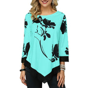 Lace O-Neck Splice Floral Printing Tops