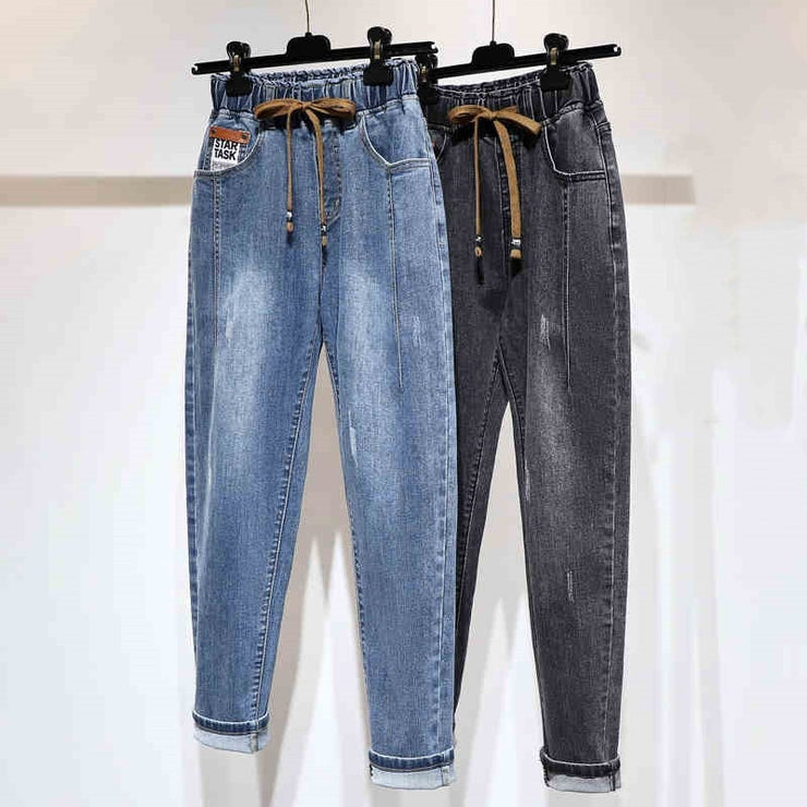 Ripped Drawstring Full Length Loose Jeans