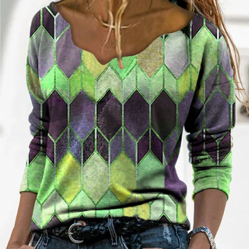 Contrast Color V-Neck Blouse