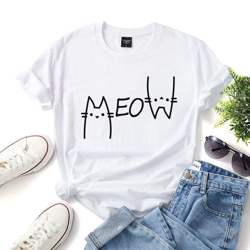 Meow Printed Cotton T-Shirts