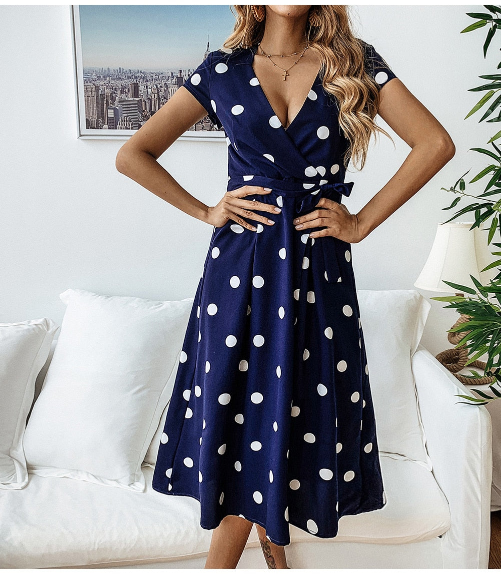 Polka Dot Long Deep V-neck Dresses