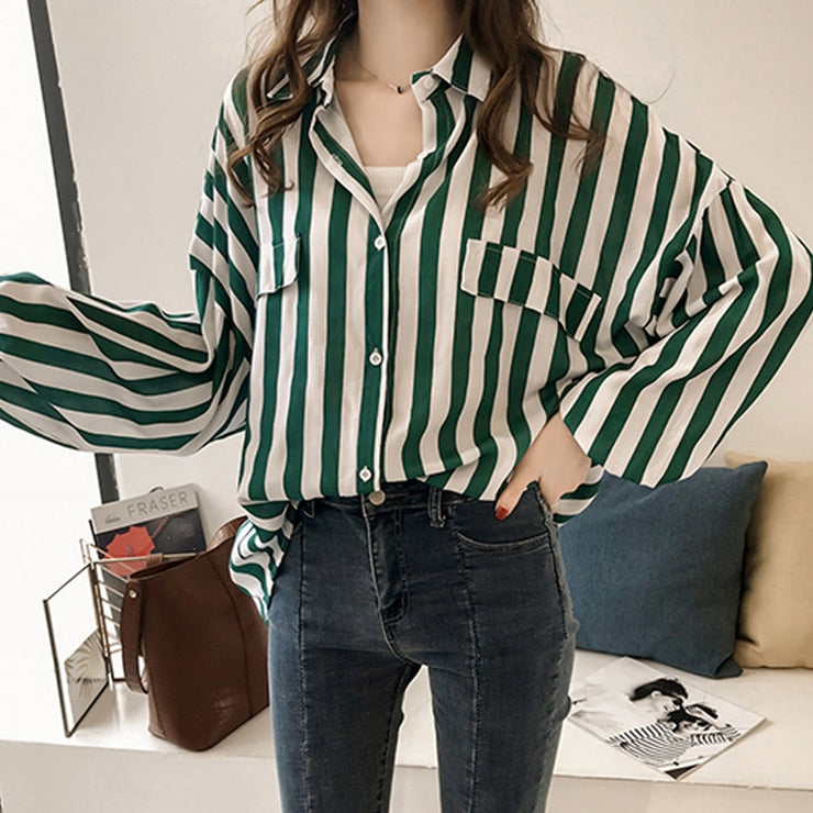 Striped Button-Down Long Sleeve Blouse