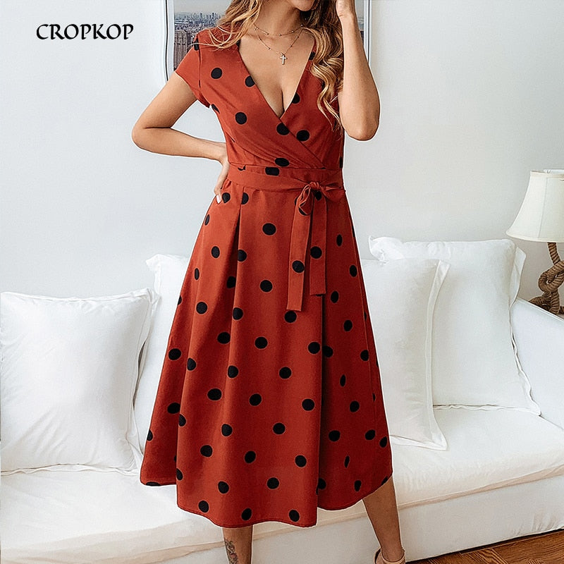 Polka Dot Long Deep V-neck Dresses