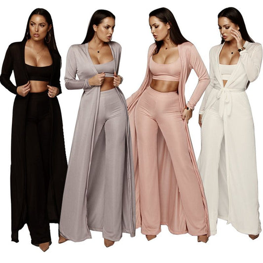 3pc Long Sleeve Cardigan Wide Leg Pants and Tube Top