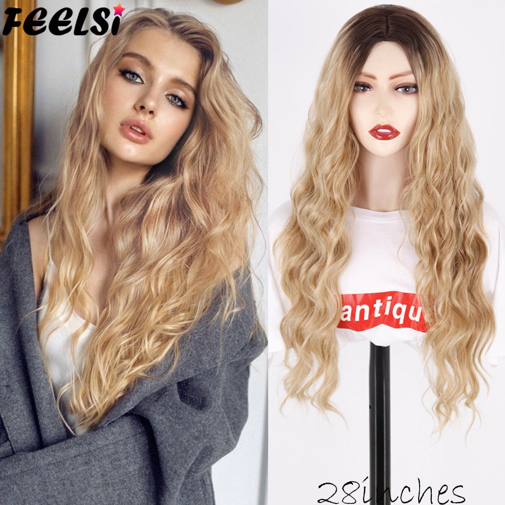 FEELSI Synthetic Pure Long Water Wave Halloween Wig