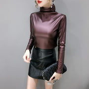 Long Sleeve Turtleneck Soft Leather Blouse