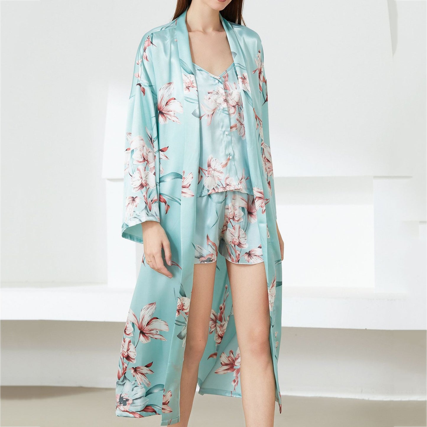 Flower Print Satin Kimono Gown Sets