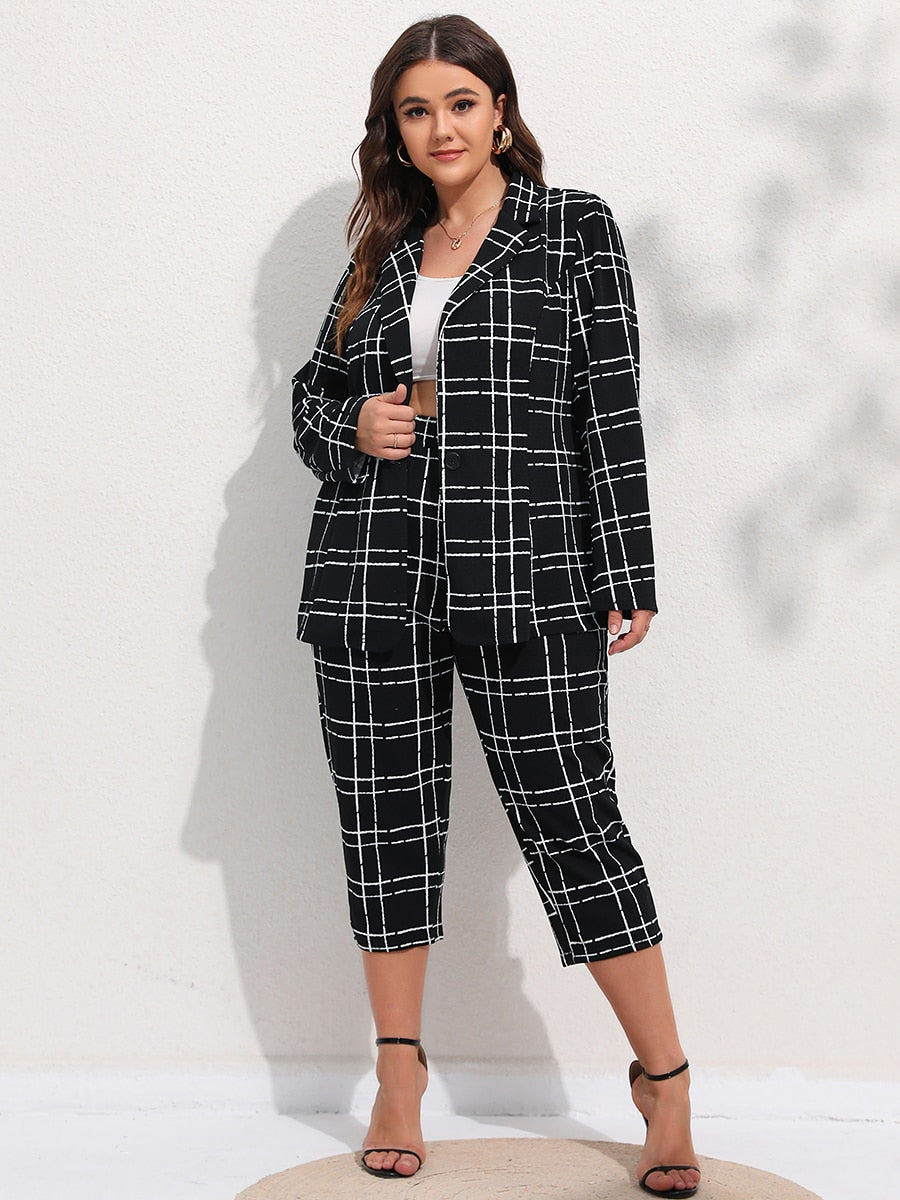 Office Lady Plaid Cropped 2pc Pants Suit