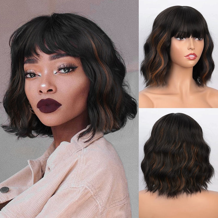 Synthetic Wavy Wig with Bangs Heat Resistant