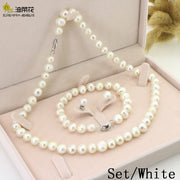 White Pearl Necklace Earring Bracelet Sets