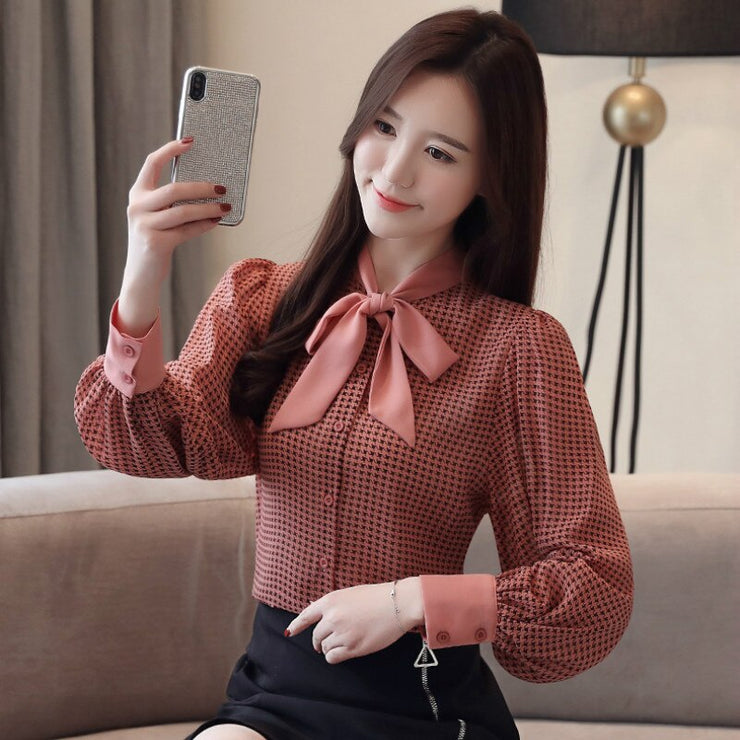 Bow Collor Plaid Office Blouse