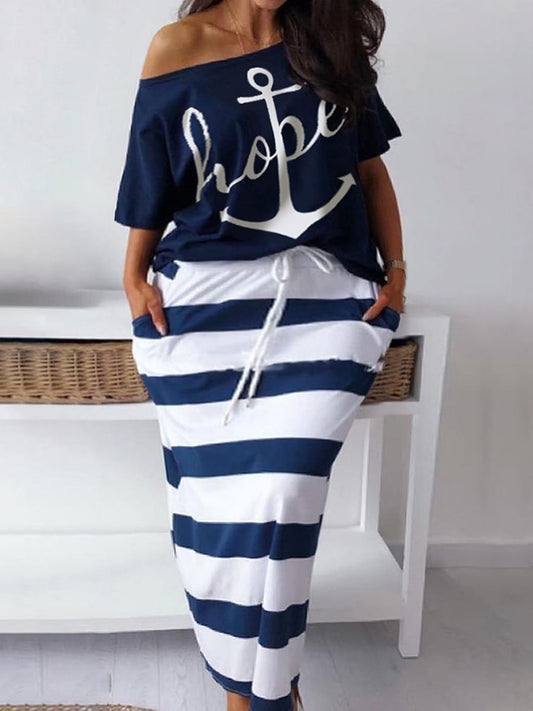 Two Piece Letter Print Striped Dress Suits