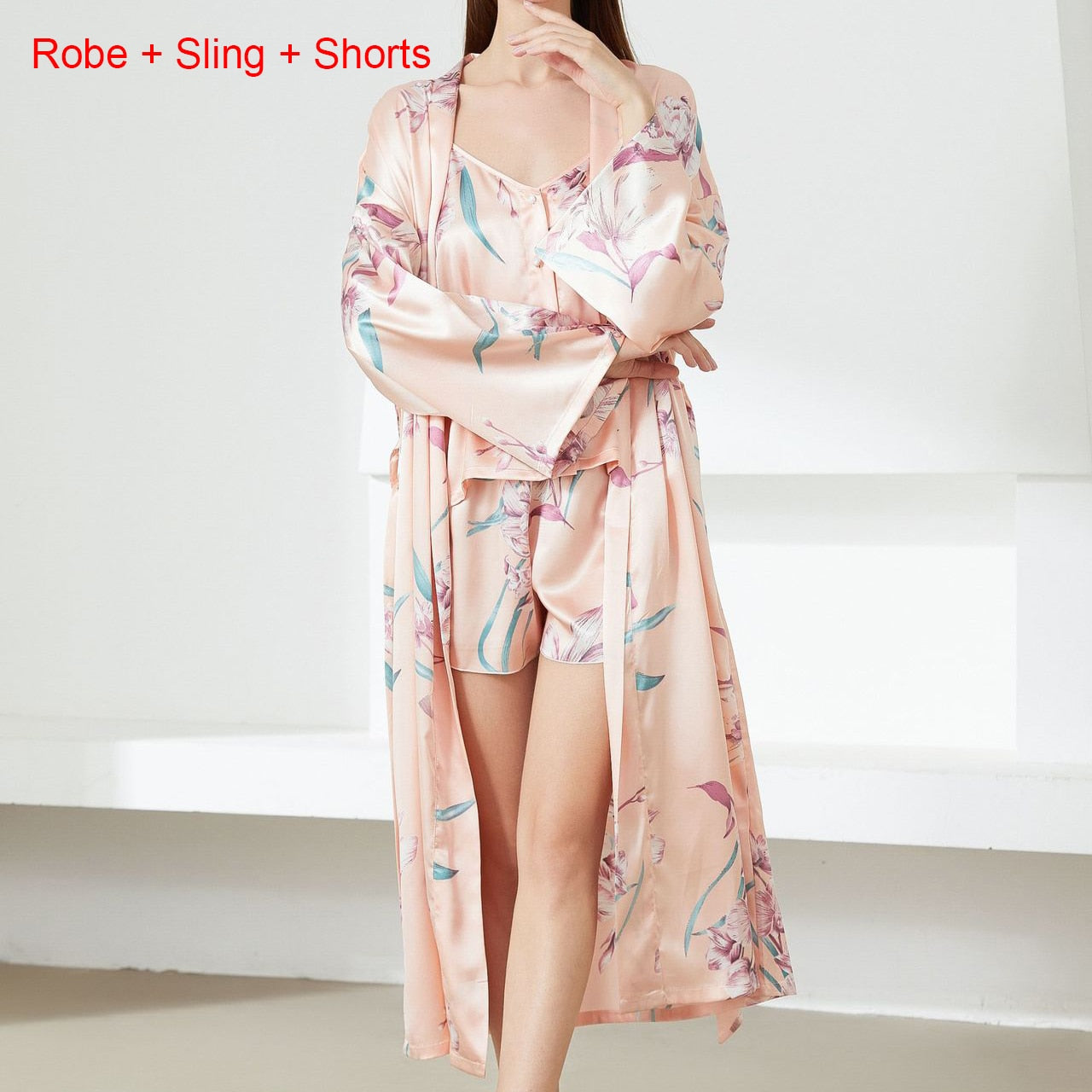 Flower Print Satin Kimono Gown Sets