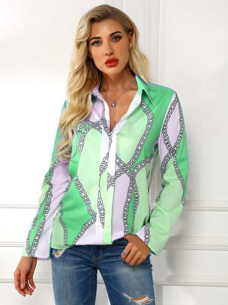 Turn Down Collar Chain Print Blouses