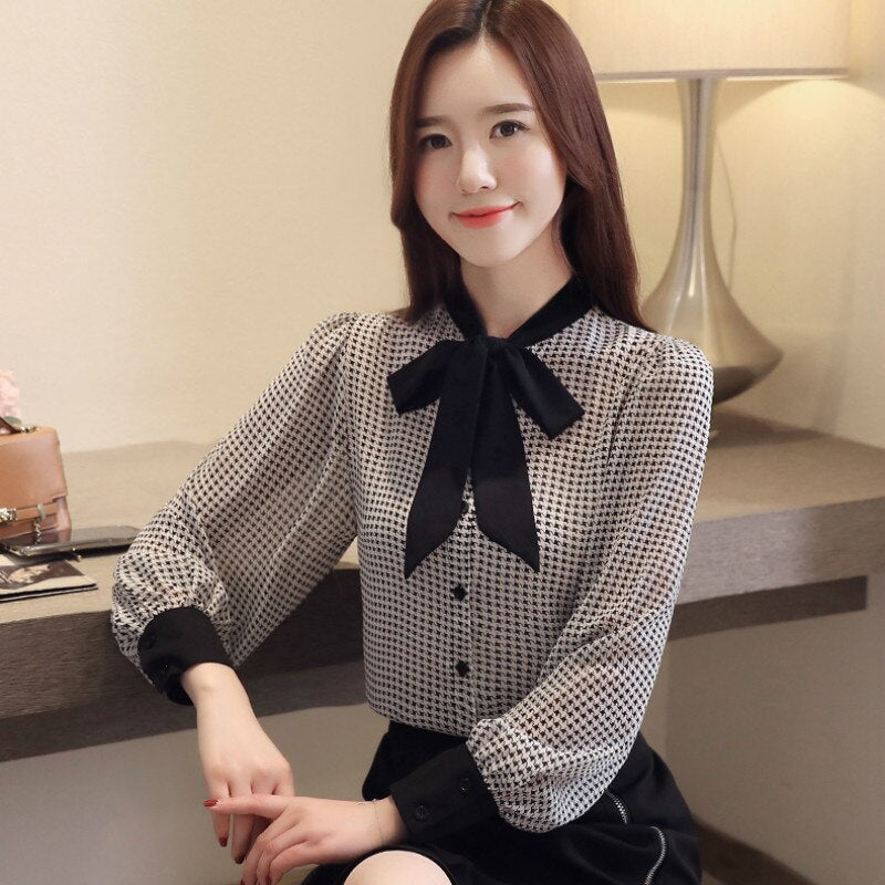 Bow Collor Plaid Office Blouse