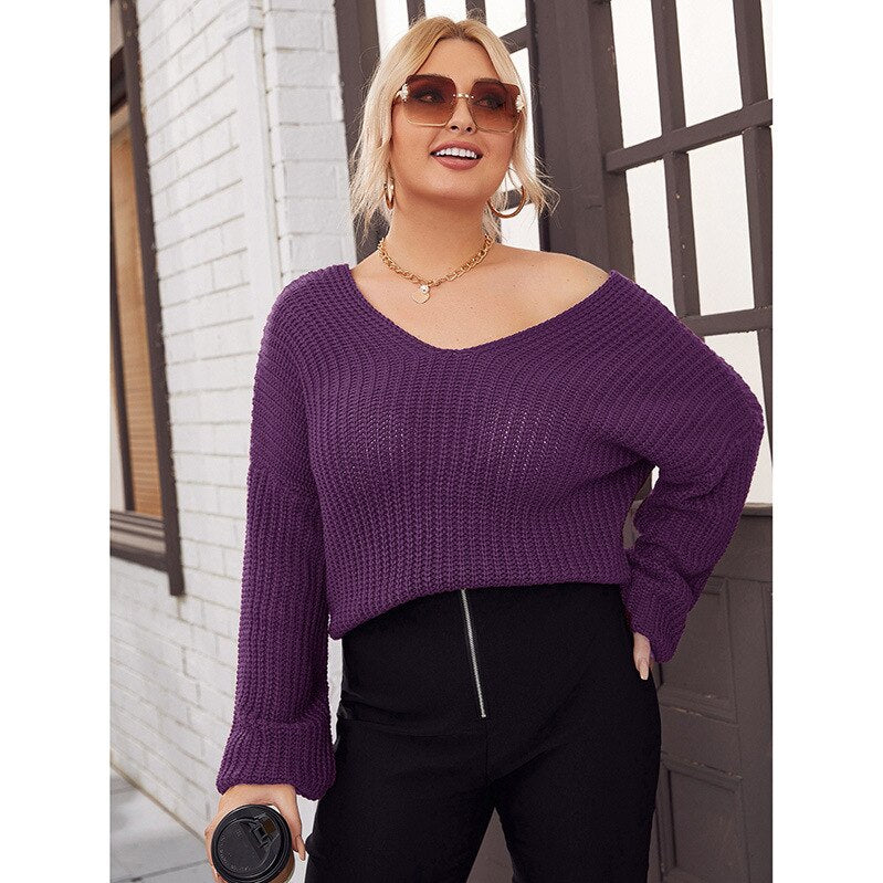 Oversize V-Neck Knitted Long Sleeve Sweater