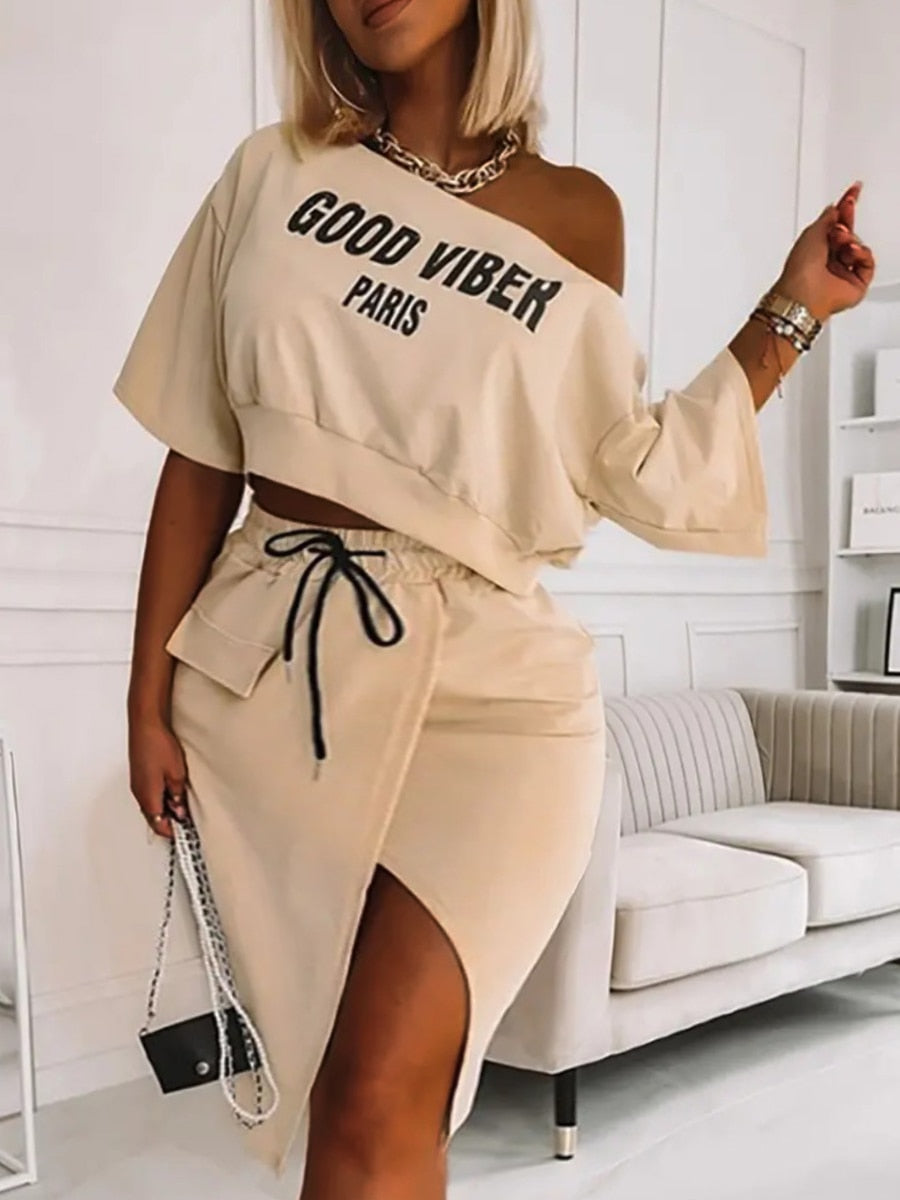 Two Piece Letter Print Striped Dress Suits