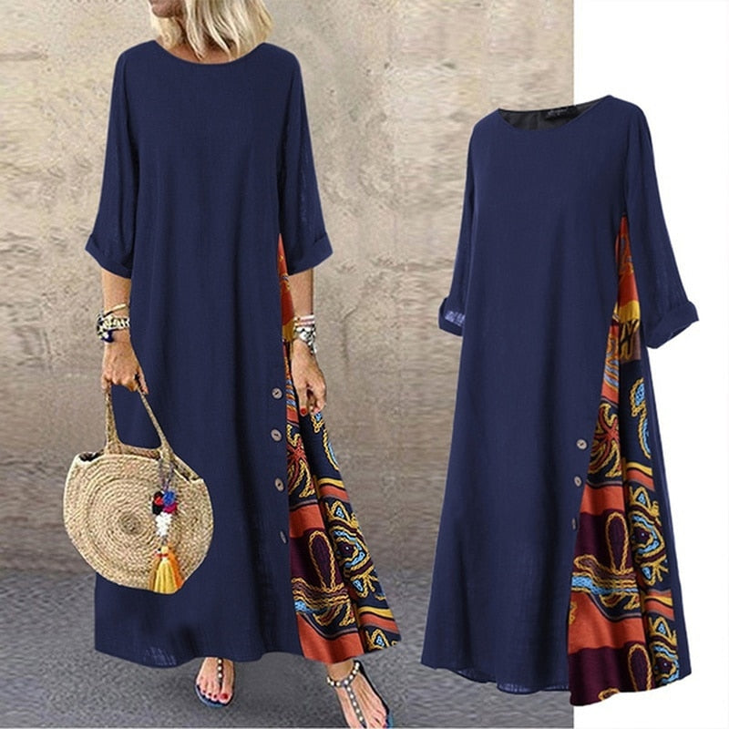 O Neck Side Buttons Maxi Dresses