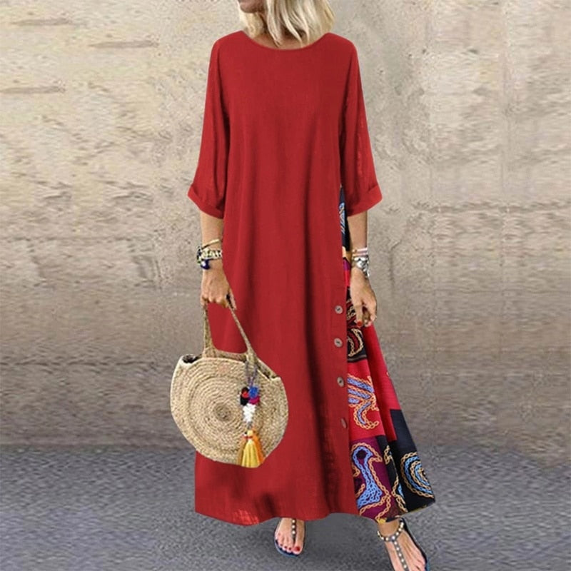 O Neck Side Buttons Maxi Dresses