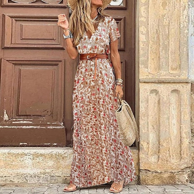 V-neck Short Sleeve Belted Bohemian Maxi Dress