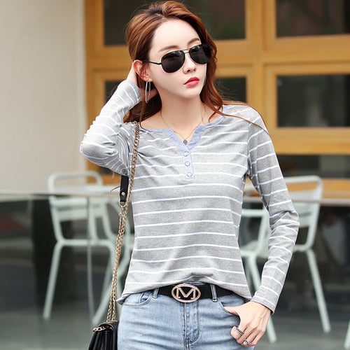 Striped V-neck  Long Sleeve  T Shirt