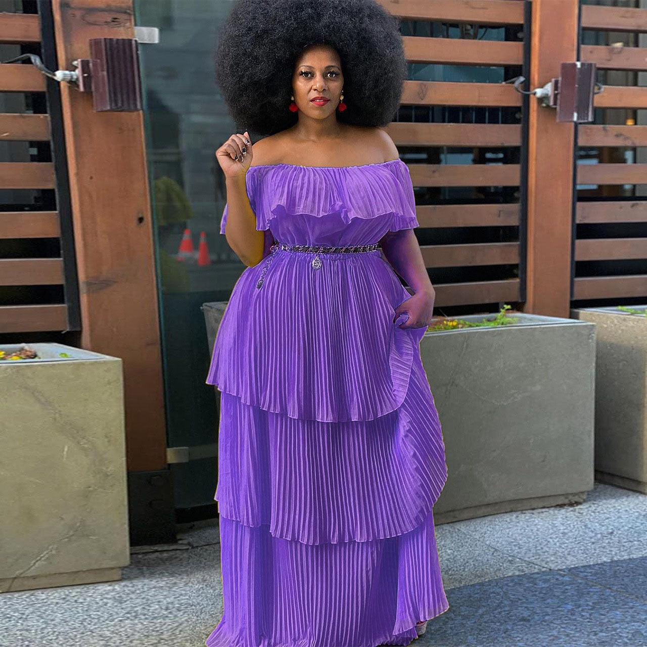 Solid Color Off Shoulder Pleated Long Dress