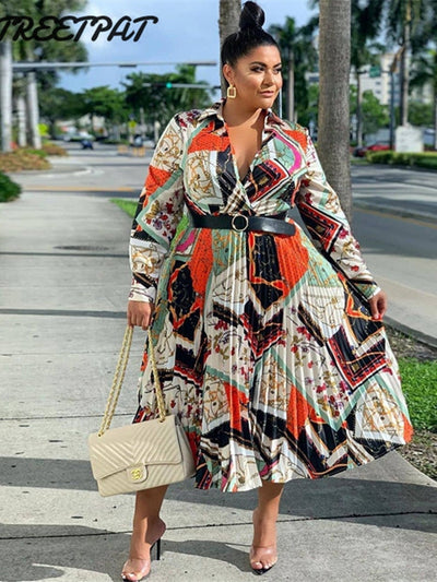 Pleated Belt Print Long Sleeve Maxi Dresses