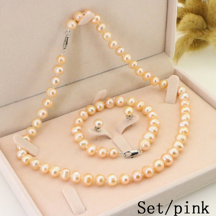 White Pearl Necklace Earring Bracelet Sets