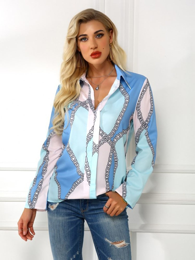 Turn Down Collar Chain Print Blouses