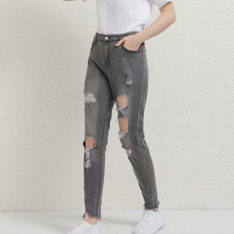 Full Length High Waist Ripped Denim Jeans