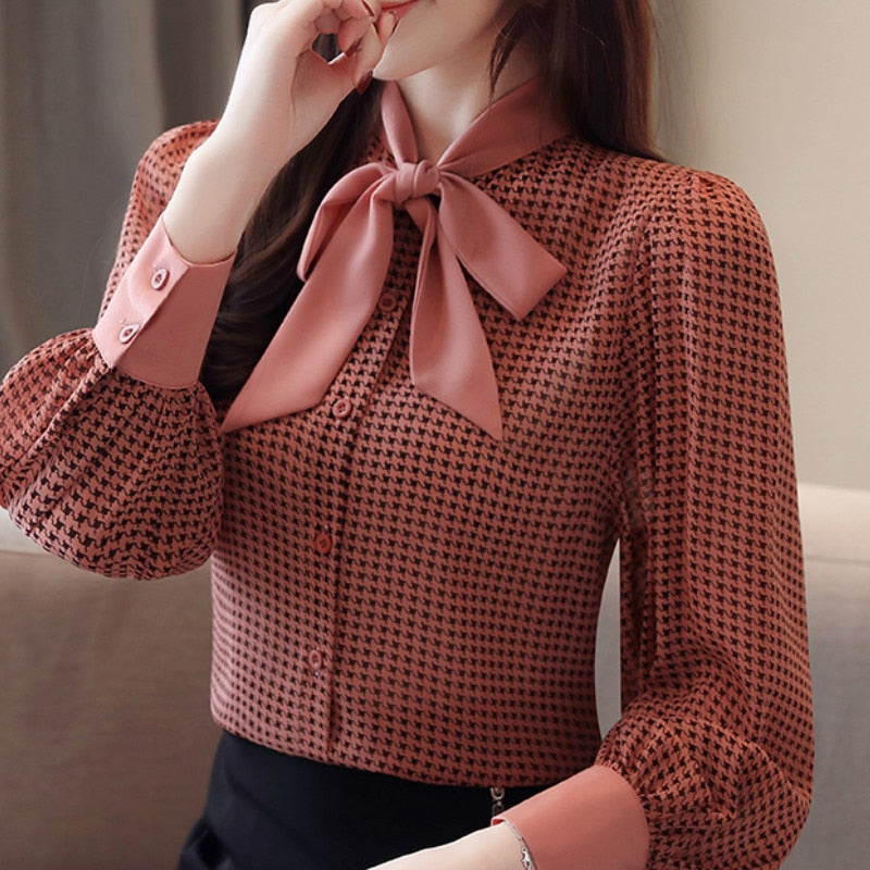 Bow Collor Plaid Office Blouse