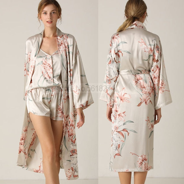 Flower Print Satin Kimono Gown Sets