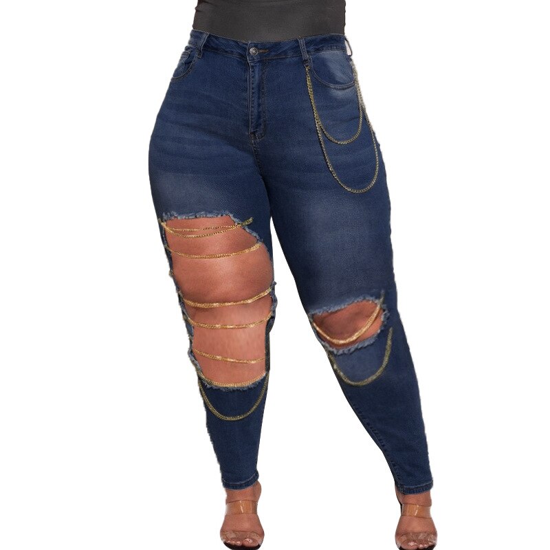 Sexy Holed Metal Chain Design Stretchy Denim Jeans