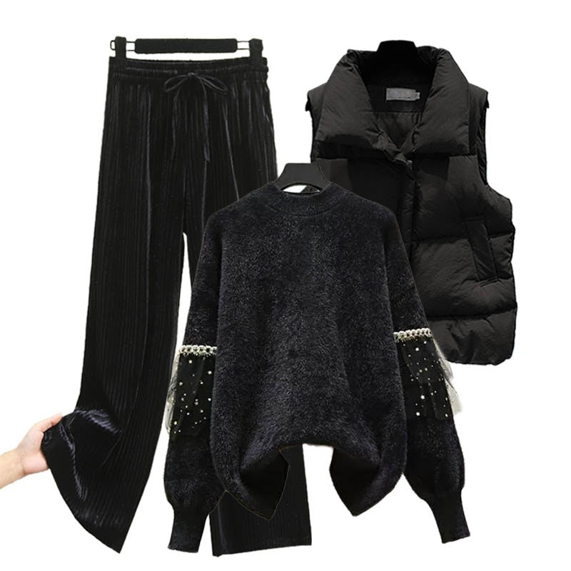 3 pc Set Soft Mink Sweater + Down Cotton Vest + Velvet Wide Leg Pants