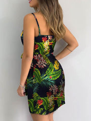 Tropical Print V-Neck Sleeveless Mini Dress