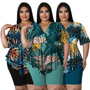 bohemia printed v neck top short pant suits two piece set