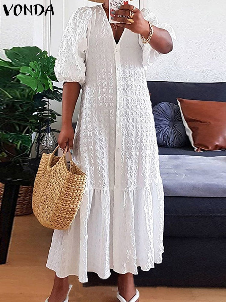 V Neck Button Down Half Sleeve Bohemian Dress