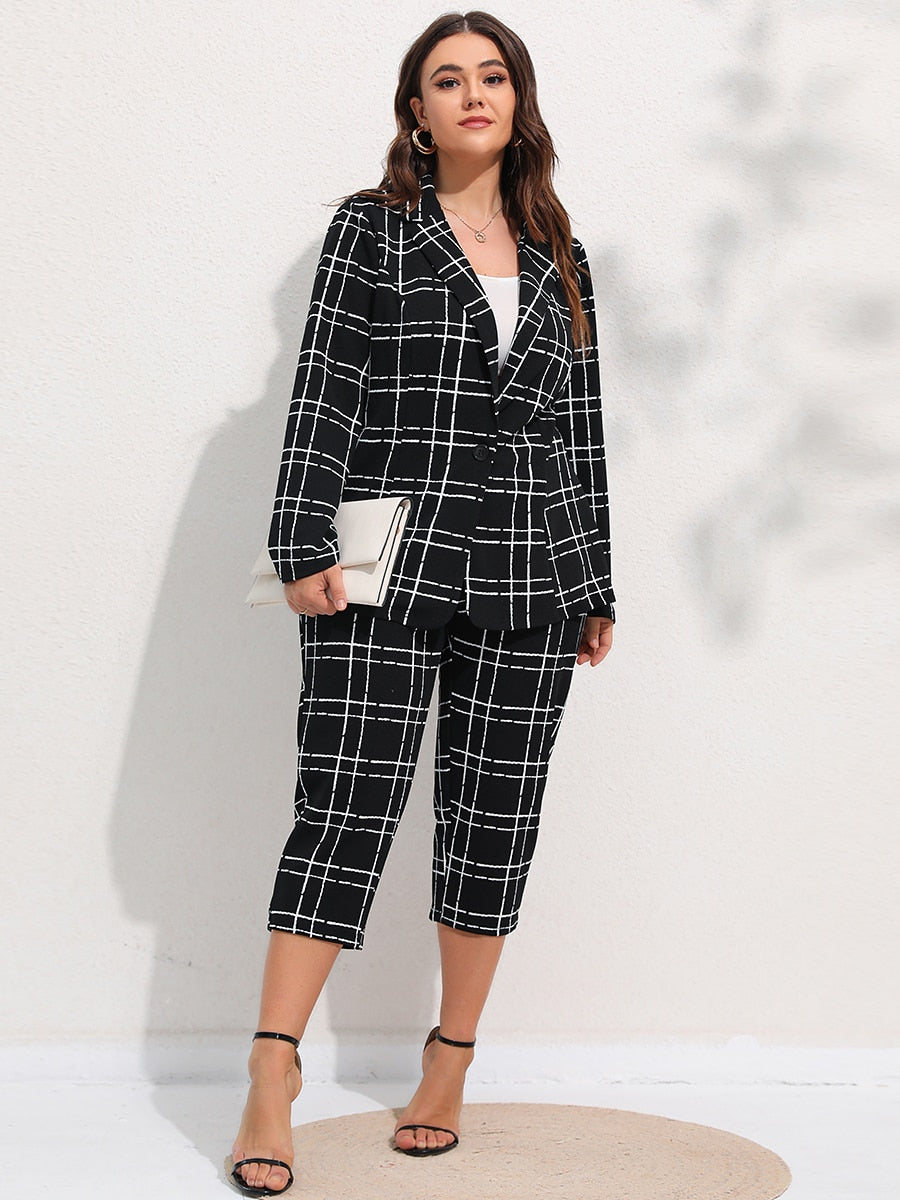 Office Lady Plaid Cropped 2pc Pants Suit