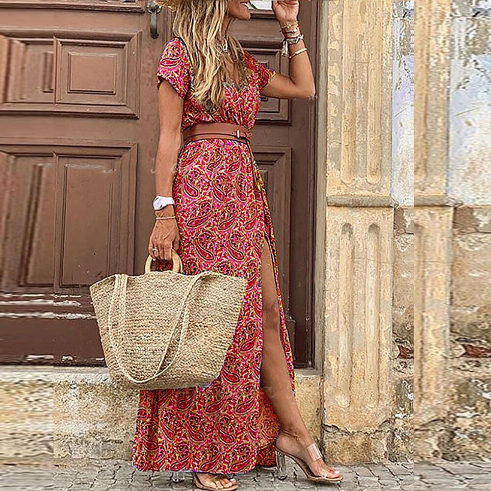 V-neck Short Sleeve Belted Bohemian Maxi Dress