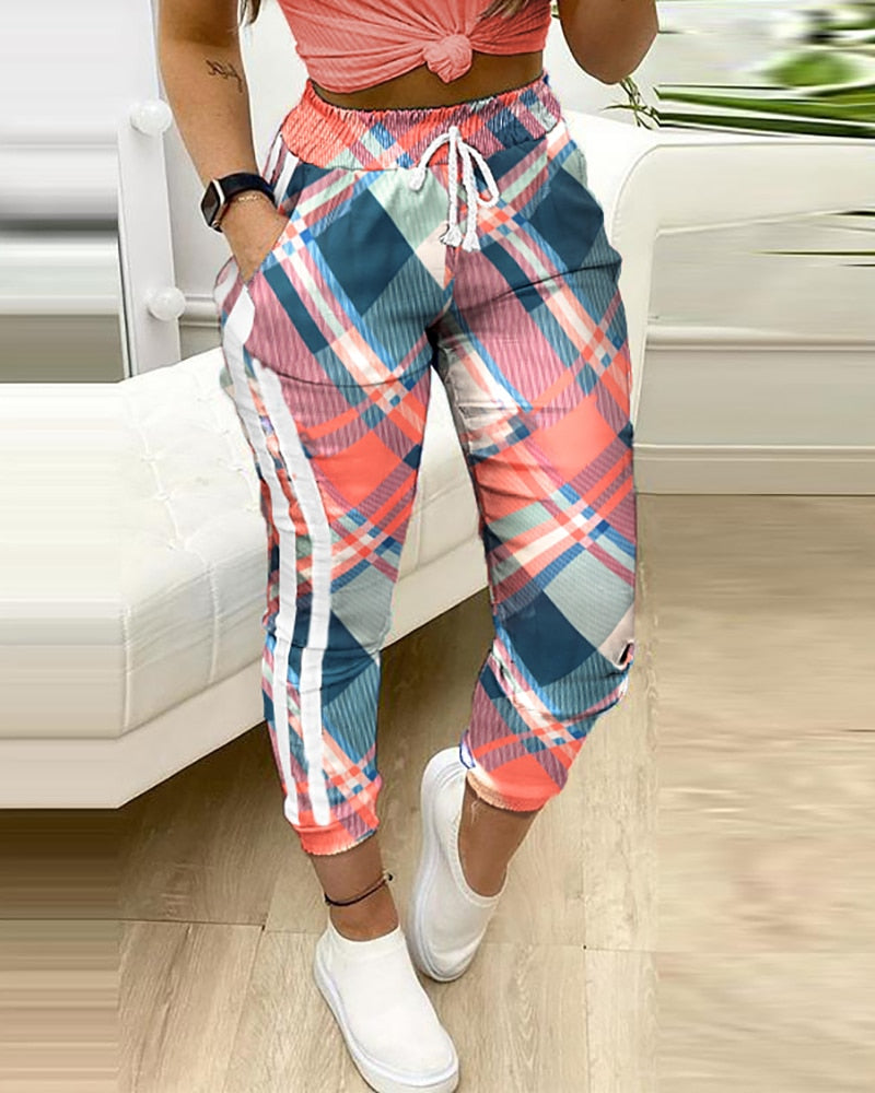 Casual Plaid Print Cargo Pants