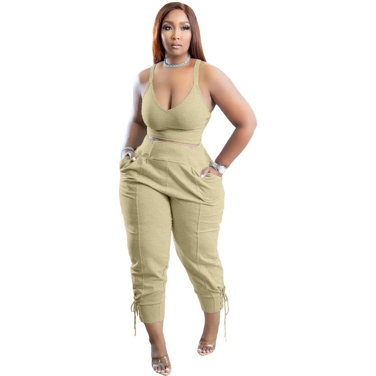 Sleeveless 2 Piece Crop Top Long Pants Tracksuit