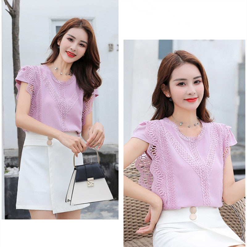 Solid Lace Patchwork Casual Blouse