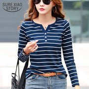 Striped V-neck  Long Sleeve  T Shirt